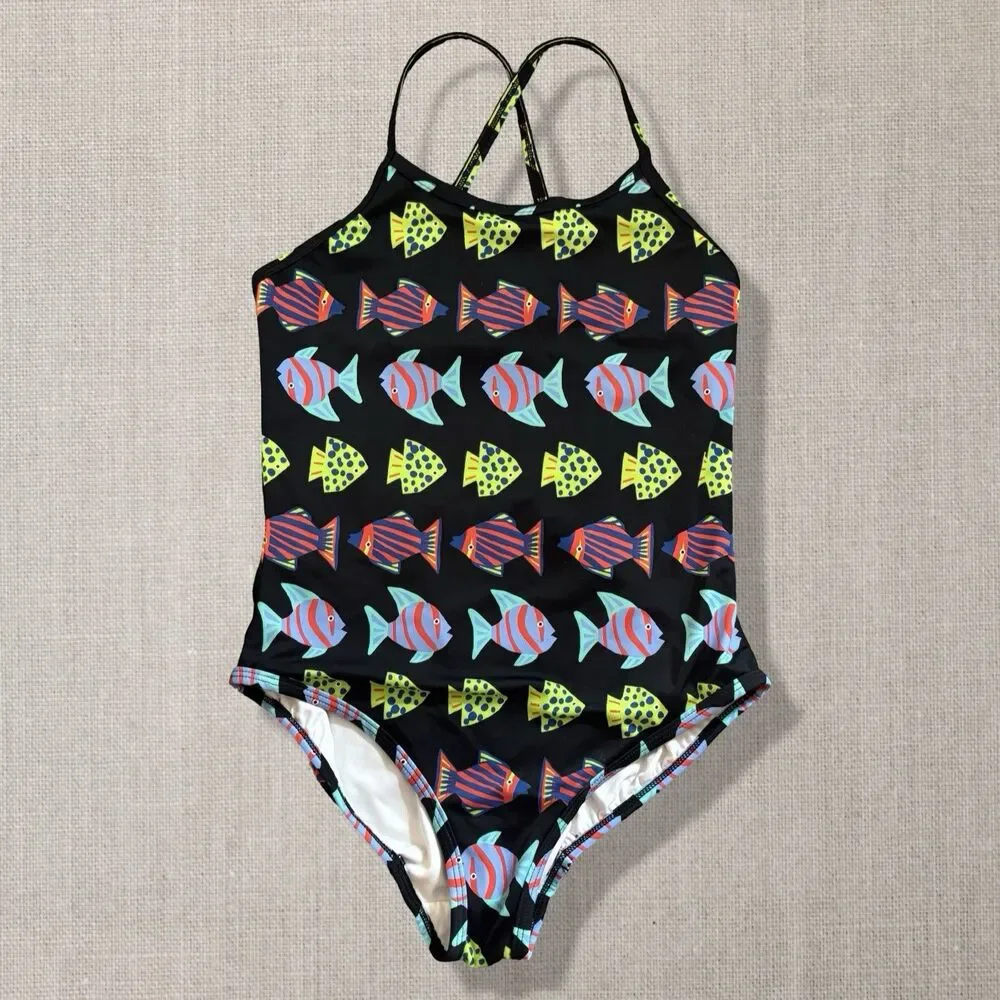 Hanna Andersson Tropical Fish On Black Printed Easy 1 Pc Swimsuit Size 12